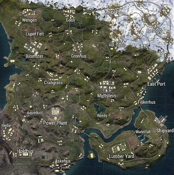 PUBG Mobile Livik 2x2 km map for Sprint Mode showing key landing zones and blue zone paths