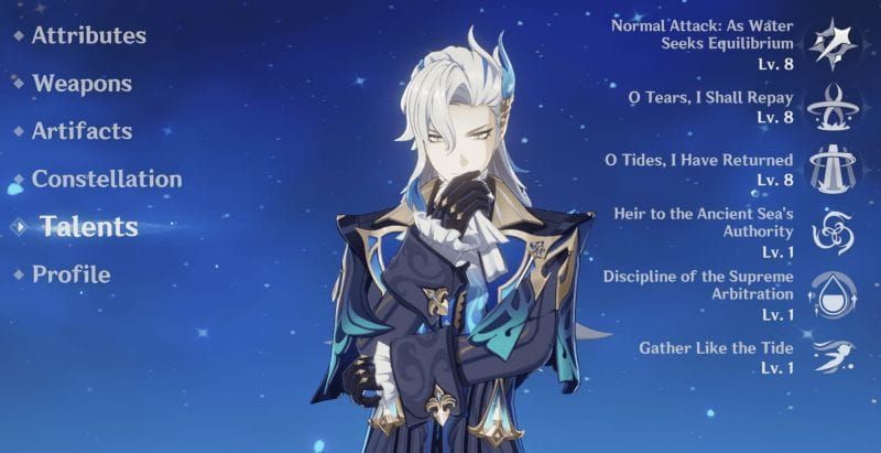 Neuvillette's A4 passive talent interface showing HP-based Hydro damage bonus