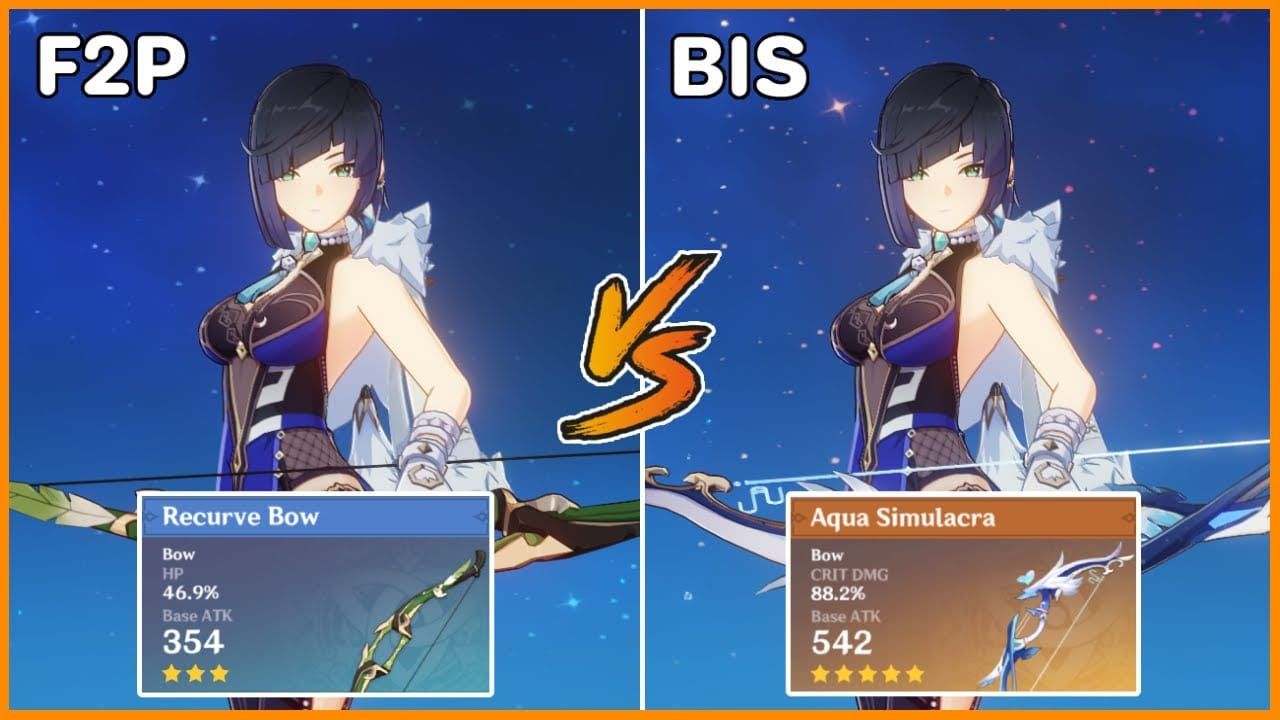 Stats comparison of Genshin bows: Rainbow Serpent vs Favonius vs Snare Hook
