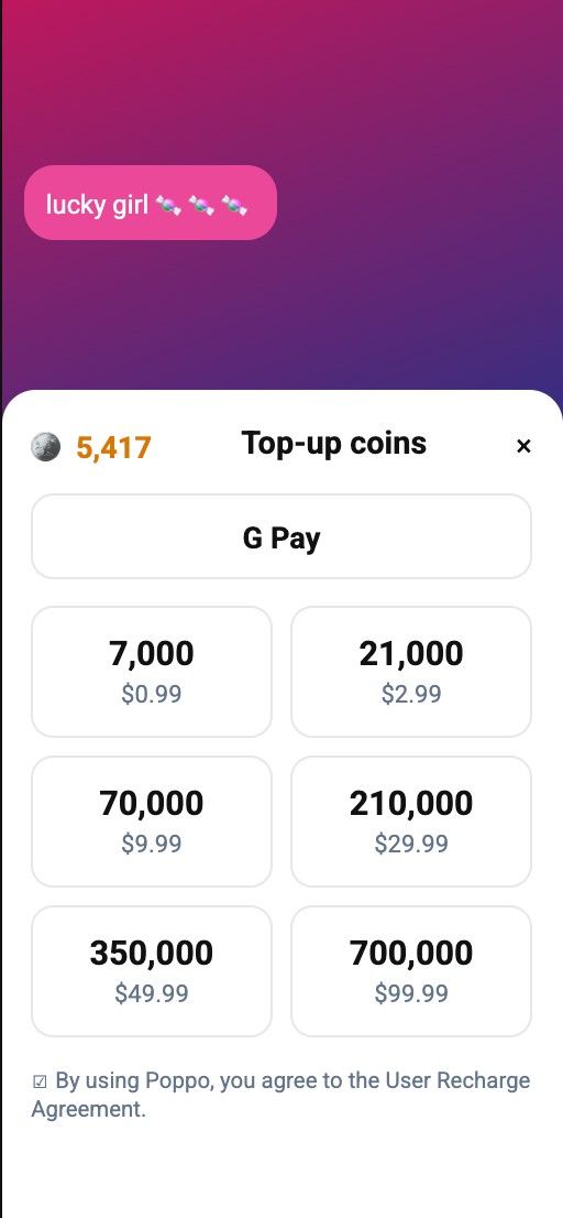 Пакеты пополнения монет Poppo Live и оплата через G Pay