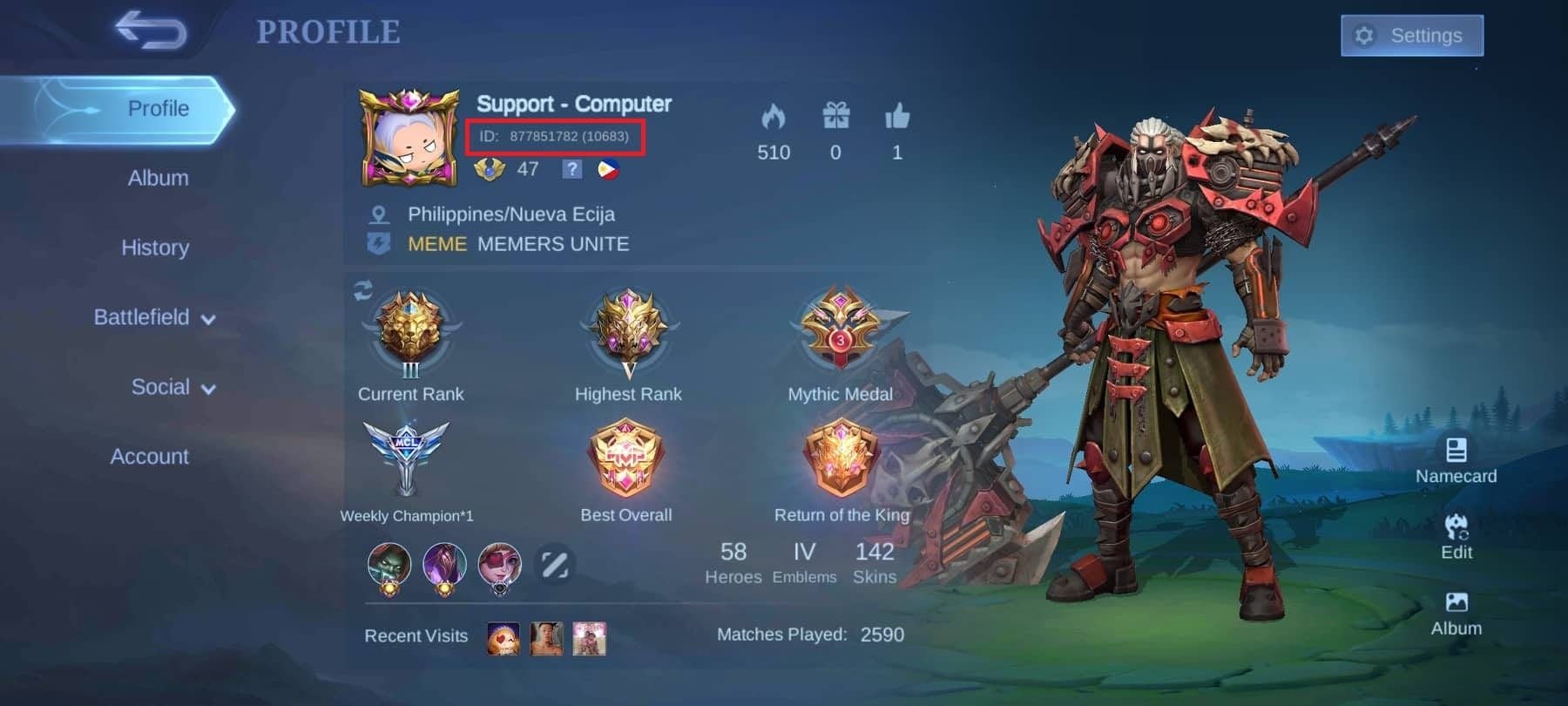 Скриншот профиля игрока Mobile Legends Bang Bang с указанием Game ID и Zone ID