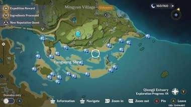 Genshin Impact gameplay screenshot of Yaoguang Shoal beach area with visible Starconch shells scattered along the shoreline