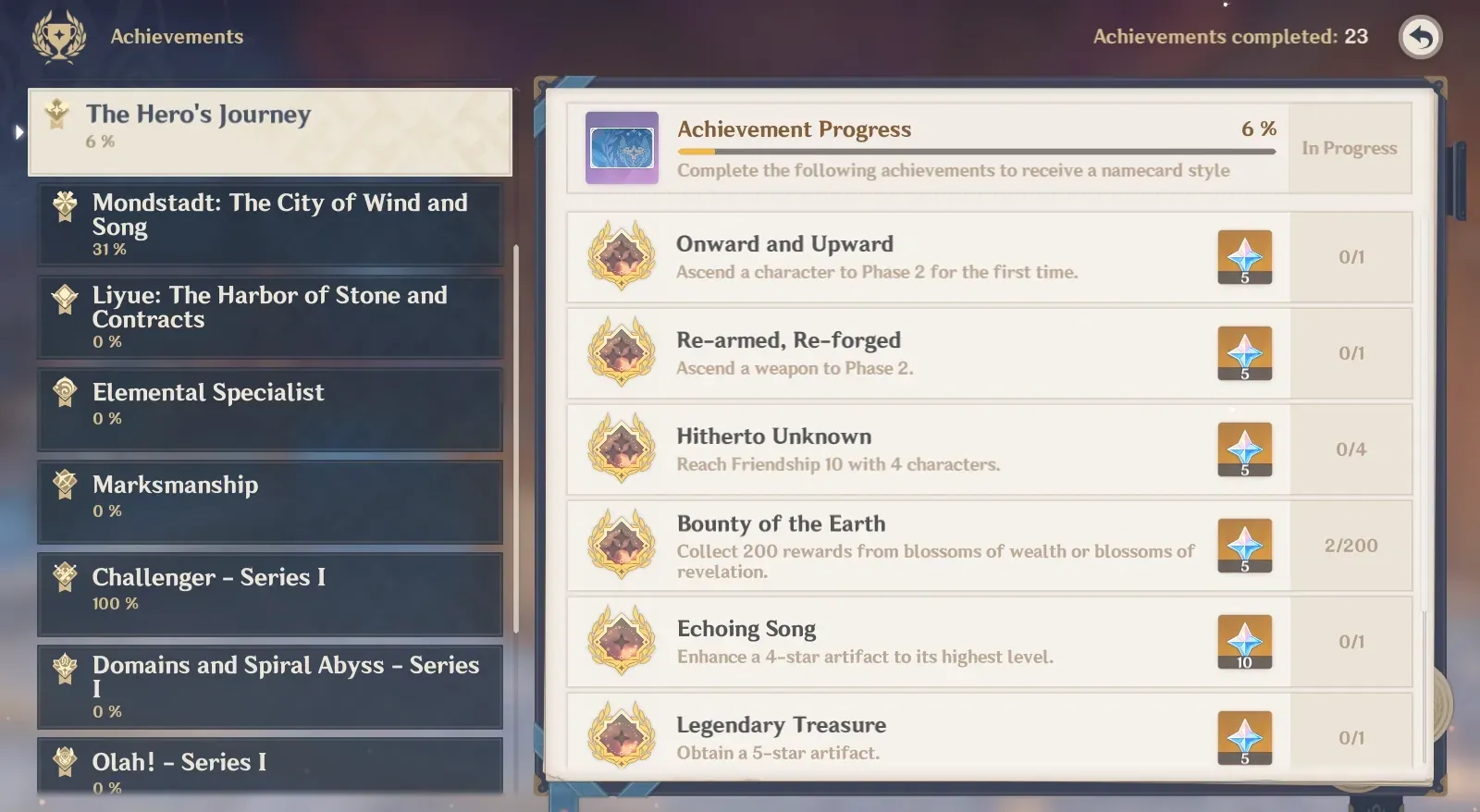 Genshin Impact achievement interface displaying Night of Moon Prayer achievement details and rewards