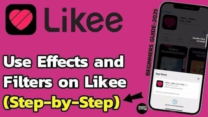 Likee AR effects selection interface showing 4D Magic, sparkles, confetti and makeup filters