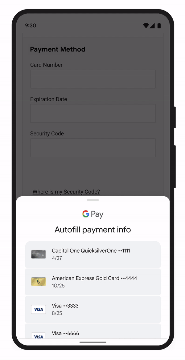 Экран проверки Google Payments с зарегистрированными кредитными картами и статусом аккаунта