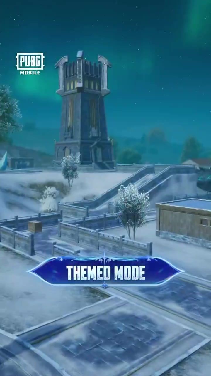 Snow-covered Nordic-style Erangel with a stone glyph tower under the aurora, PUBG Mobile 4.7 Beta 3 themed mode