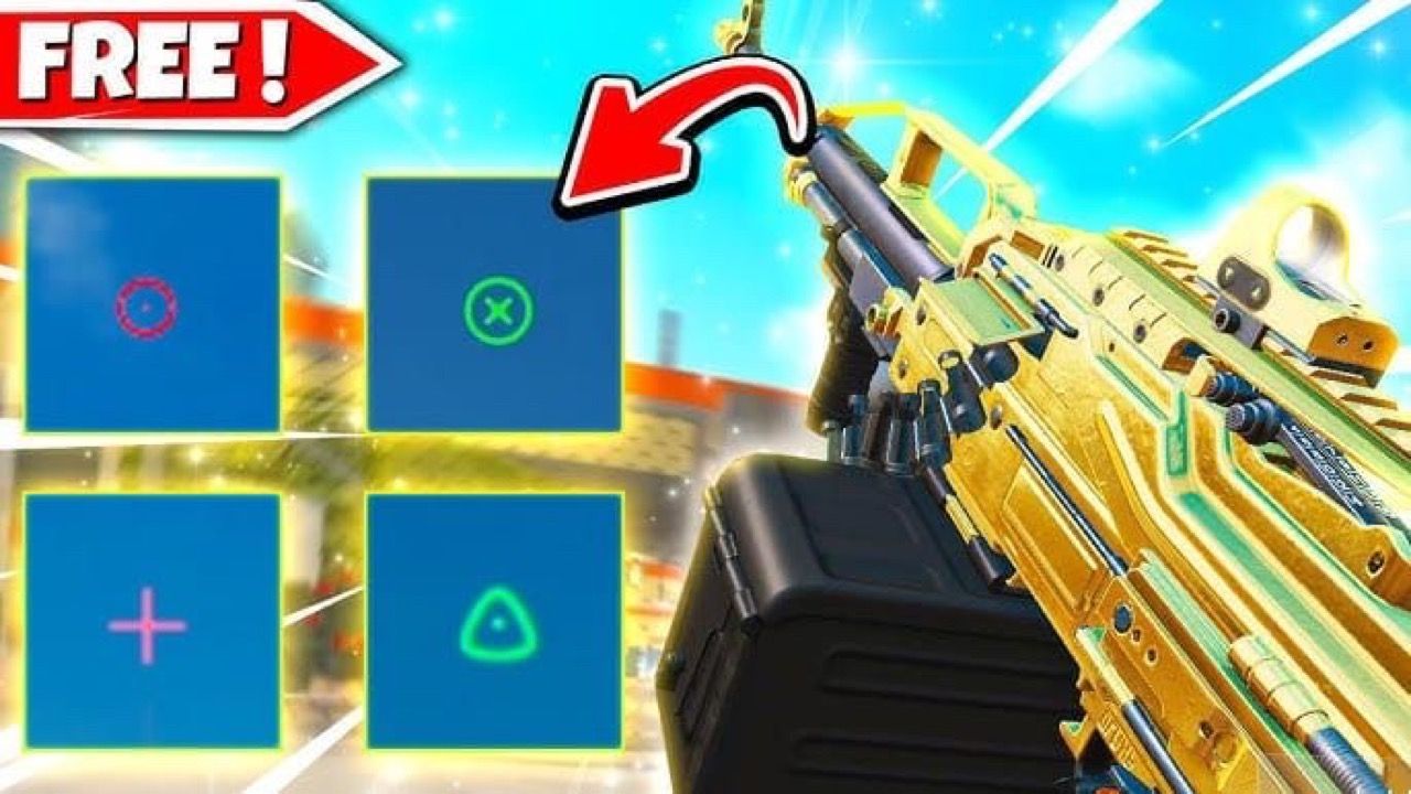 Blood Strike weapon custom crosshair styles next to a gold LMG skin
