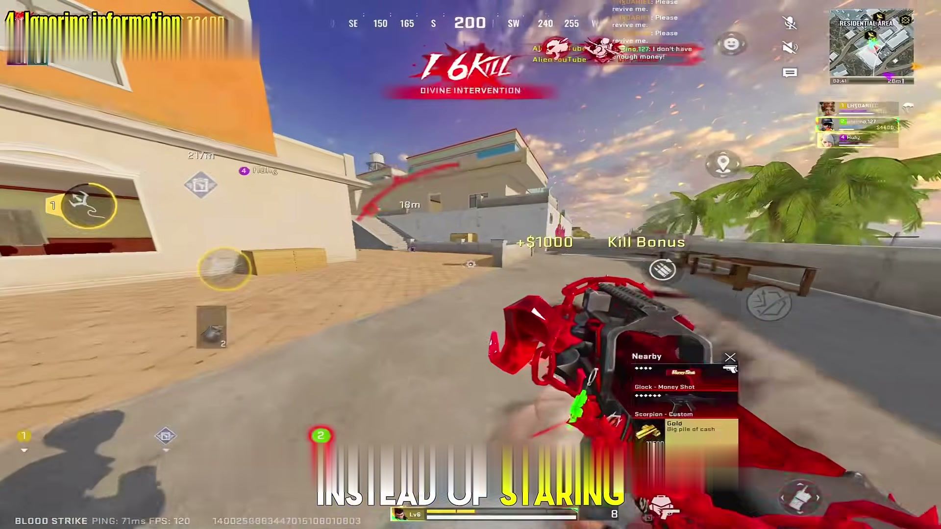Blood Strike Nearby loot after a kill: Glock, Scorpion, and cash, leave once you have a gun