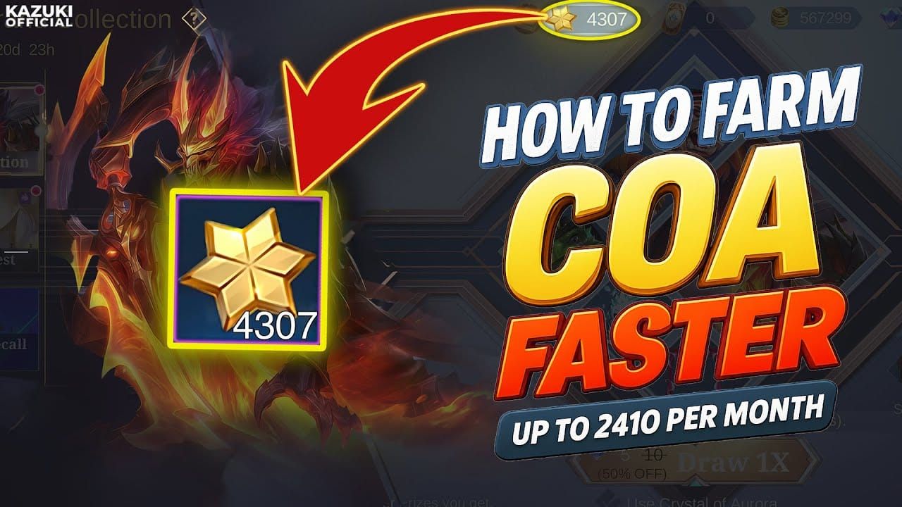 График ежемесячных источников получения Кристаллов Авроры (COA) в Mobile Legends Bang Bang, включая пропуск Starlight, элитный набор и алмазный пропуск.