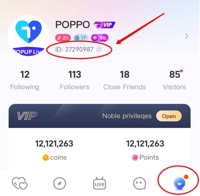 Скриншот приложения Poppo Live, показывающий баланс монет после пополнения