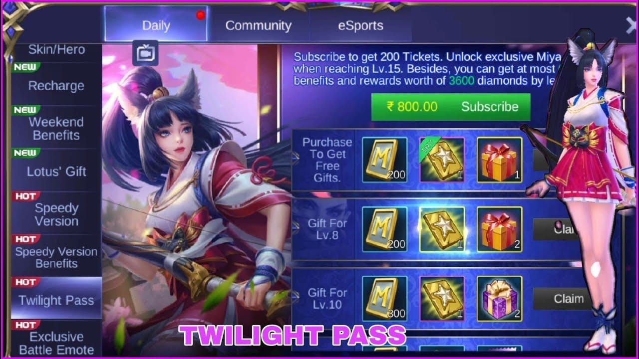 Mobile Legends Bang Bang Twilight Pass rewards interface with Miya skin