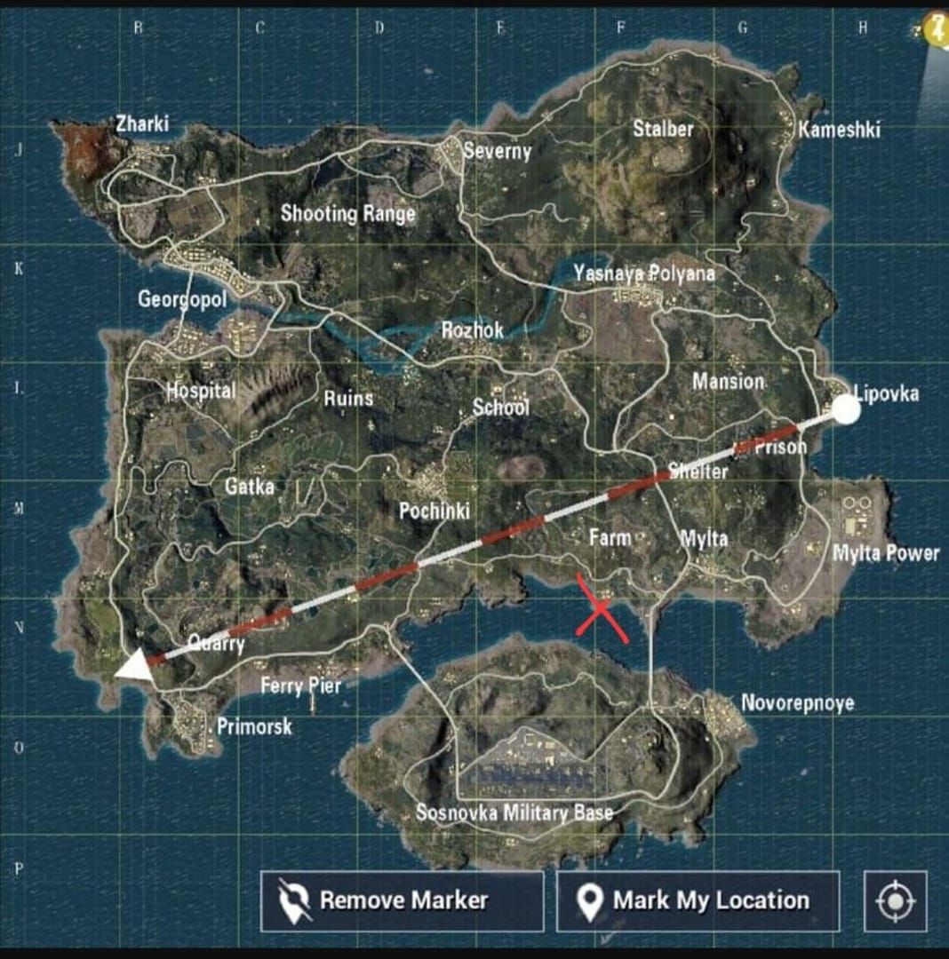 Руководство по траектории полета в PUBG Mobile, показывающее оптимальное расстояние прыжка и траекторию приземления