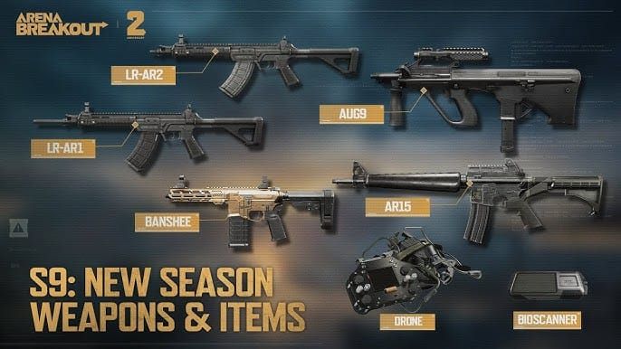 Arena Breakout S11 experimental weapons including SCAR variant, AR57, and M110 marksman rifle with enhanced stats