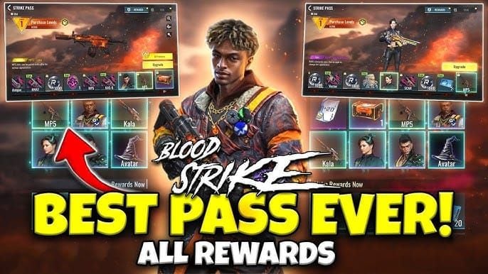 Blood Strike Lava Realm Strike Pass tier rewards chart showing gold and items per tier group