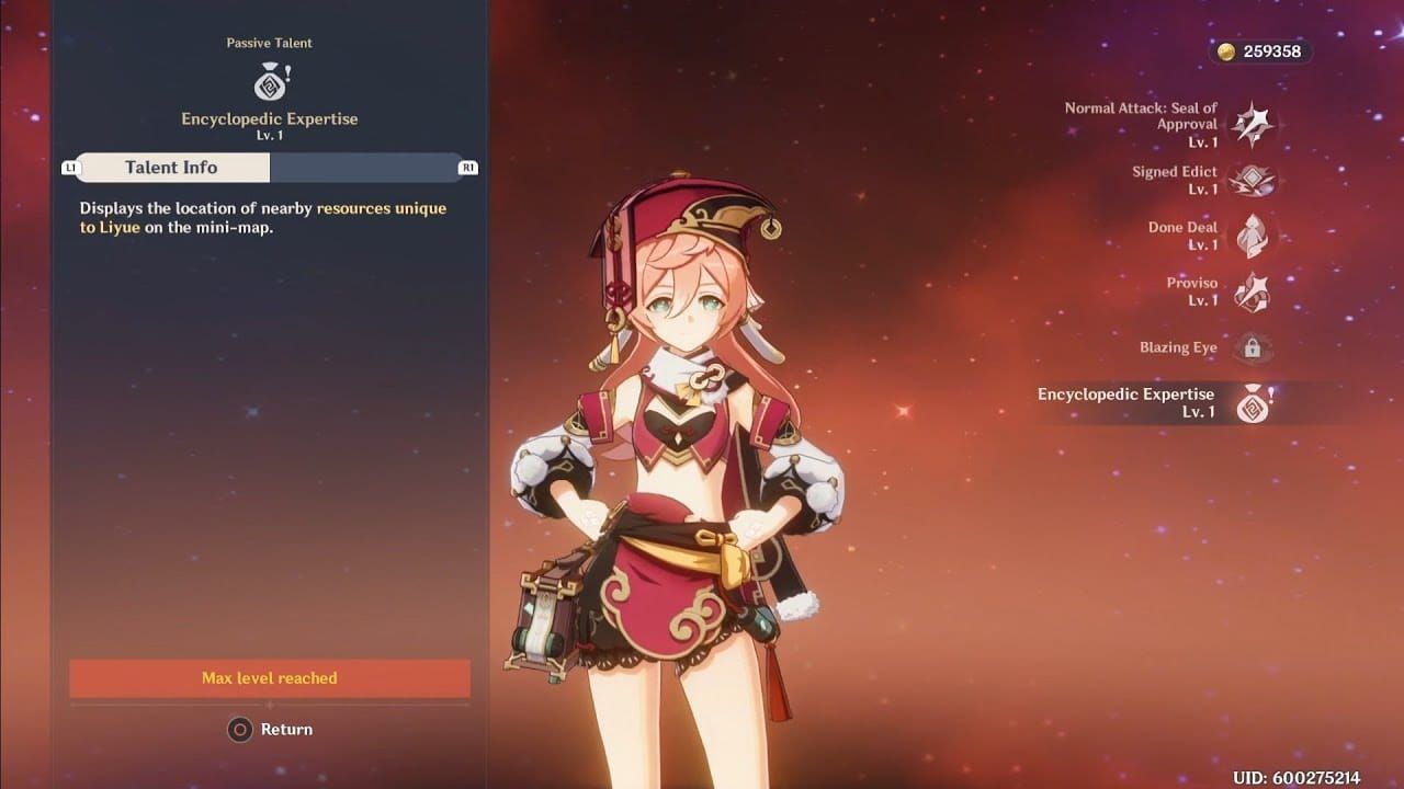 Genshin Impact character showcase featuring Qiqi and Yanfei with their Liyue specialty detection passive talent descriptions