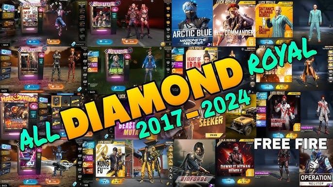 Free Fire Diamond Royale banner interface showing spin costs and reward acquisition system