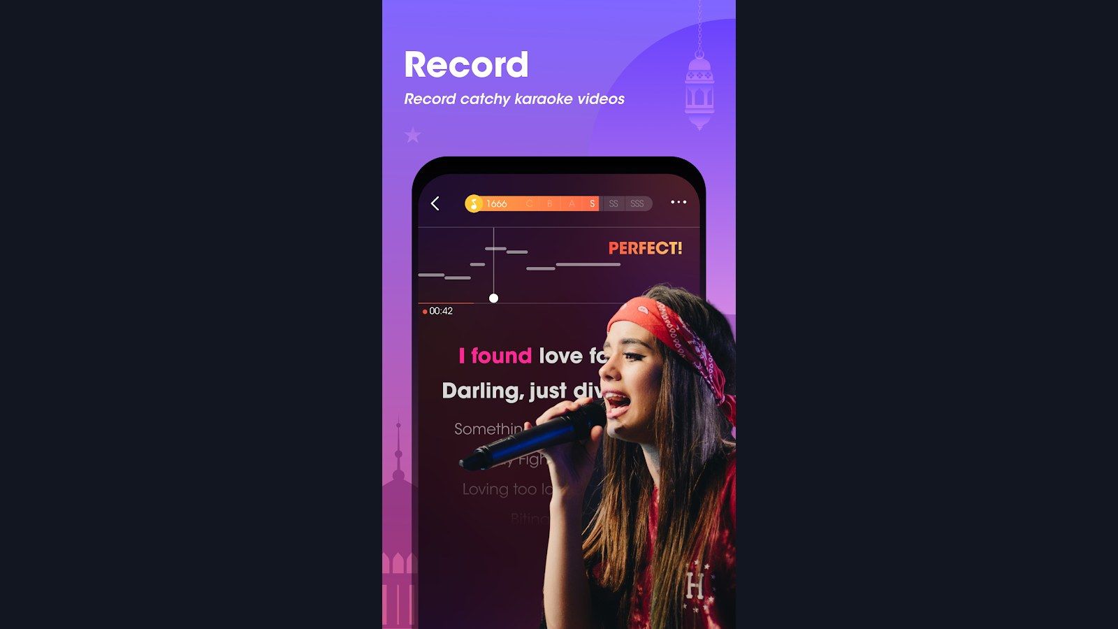 WeSing Record screen with lyrics pitch score and karaoke video