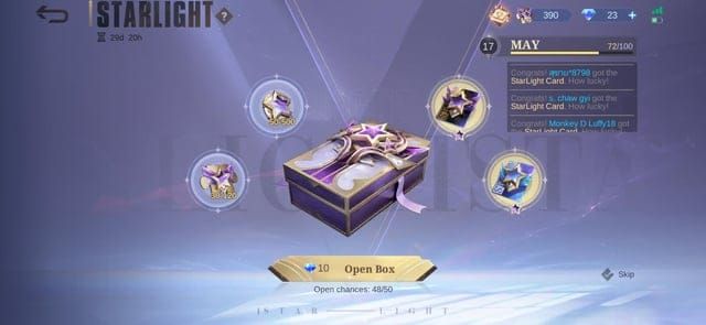 Mobile Legends Bang Bang Starlight Lucky Chest interface showing draw prices and discounts