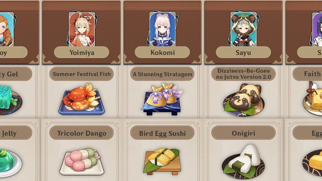 Comparison chart of character specialty dishes showing improved stats over regular versions