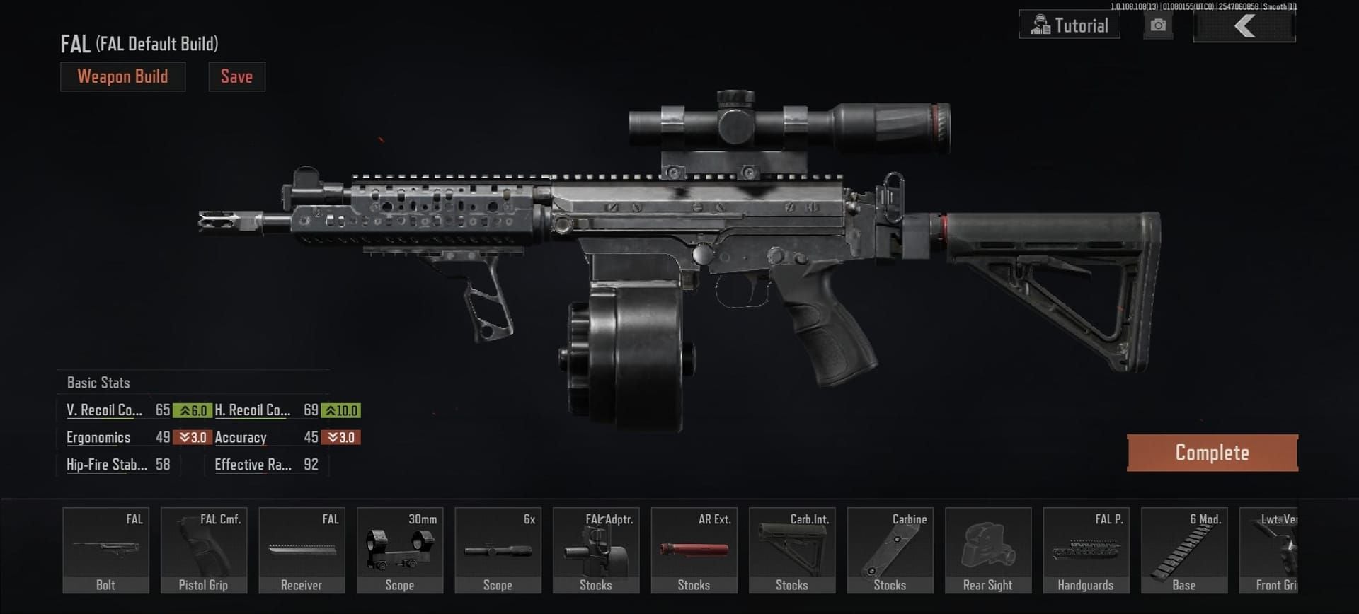 Интерфейс конфигурации оружия Arena Breakout FAL M80, показывающий обвесы и характеристики для боя в зоне выхода