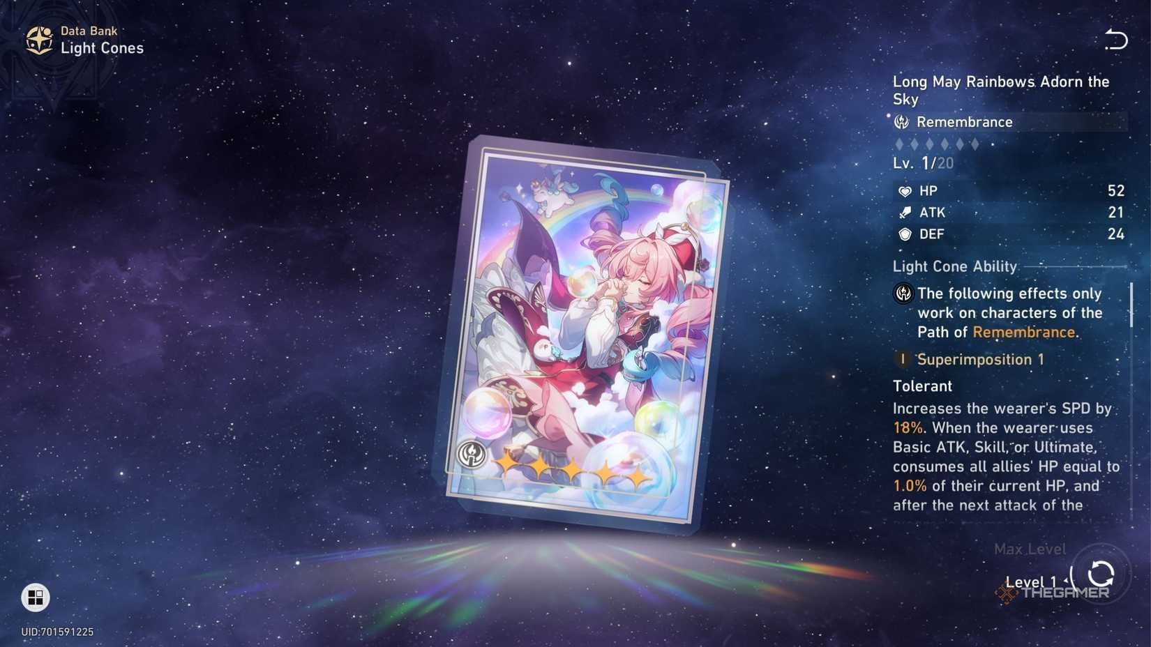 Long May Rainbows Adorn the Sky light cone with stat bonuses and effects