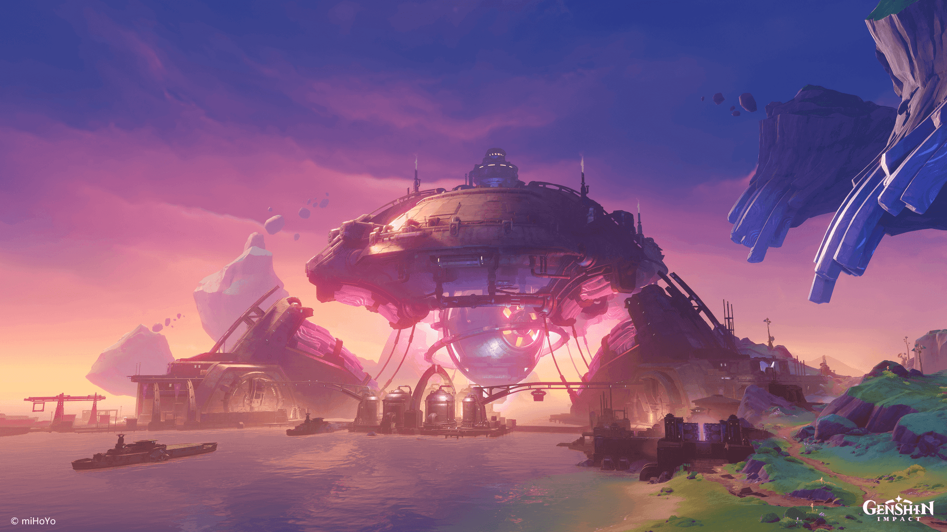 Paha Isle Fatui stronghold with energy cores and steel walkways in Genshin Impact