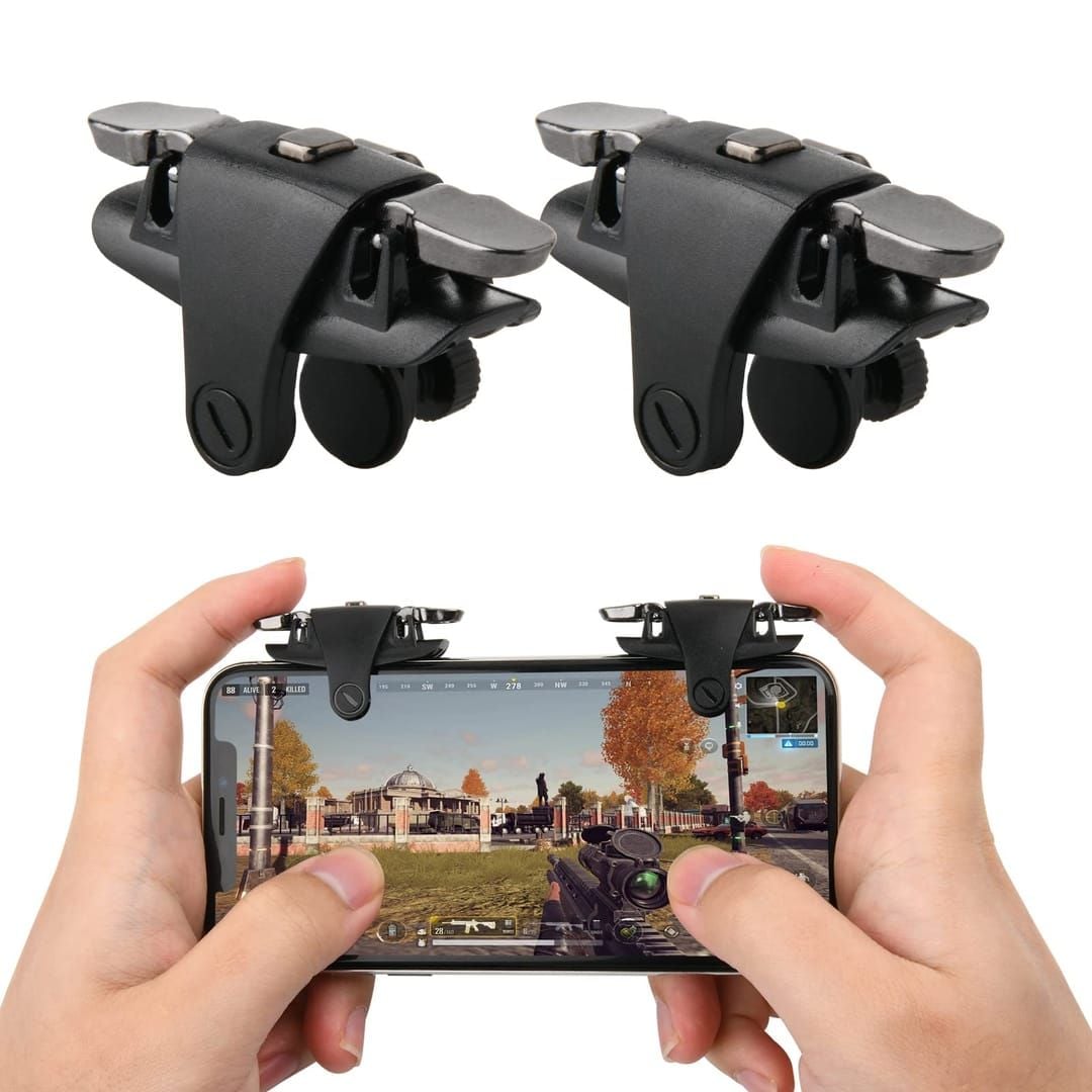 Mobile phone with physical trigger attachments for PUBG Mobile gameplay