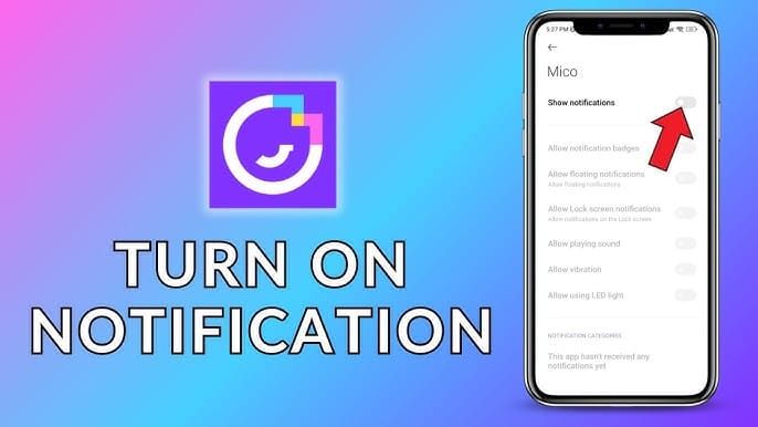 Screenshot of MICO Live Android app notification permissions settings showing enabled Group Invites channel
