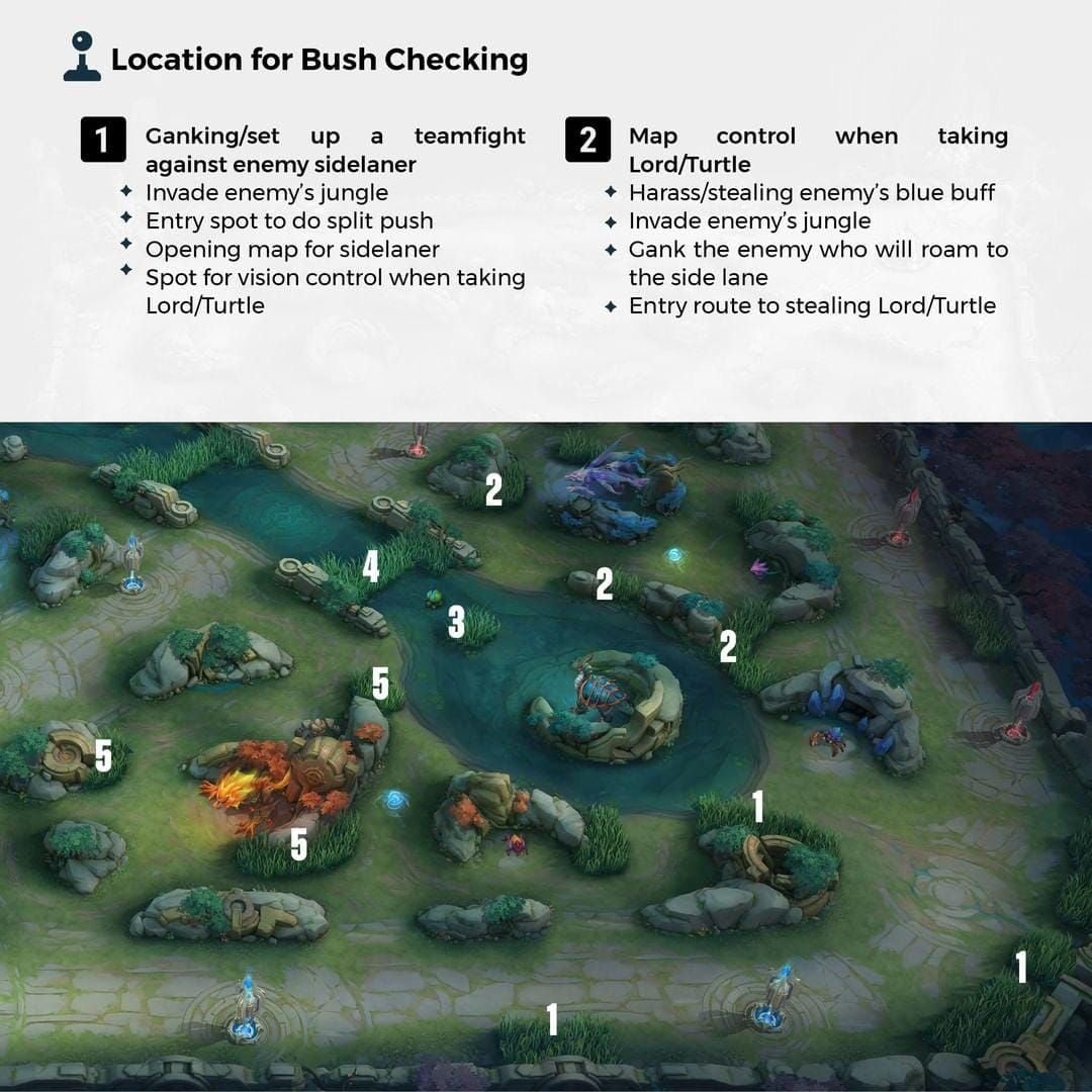 Карта Mobile Legends, показывающая стратегические точки контроля обзора и расположения объектов