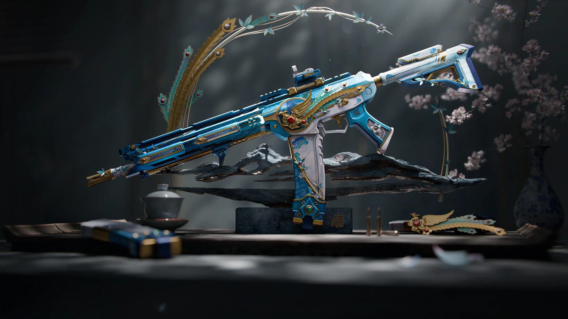 In-game view of Iridescent Plume skin applied to a weapon in Delta Force, showcasing dynamic shimmer effects