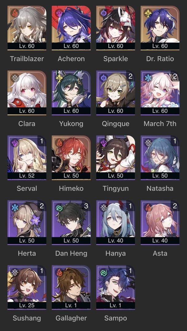 Acheron optimal team screenshot with Pela, Silver Wolf, Gallagher in Honkai Star Rail