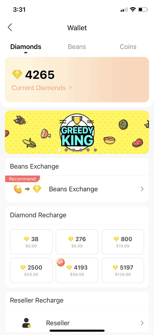 Screenshot of Bigo wallet interface