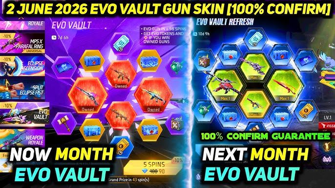 Free Fire Evo Vault banner interface showing featured evo gun skins