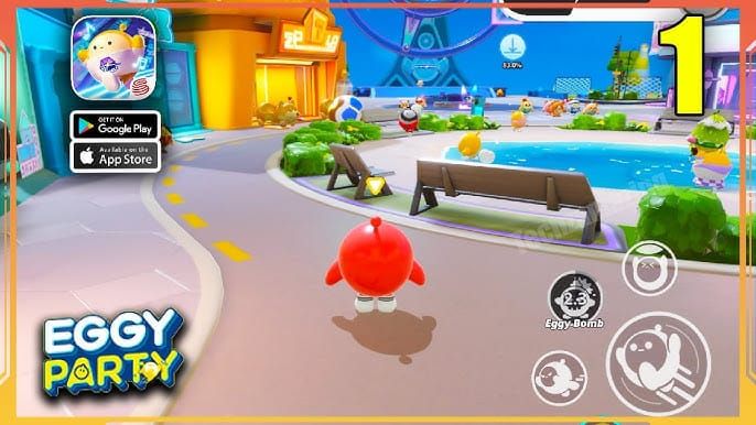 Eggy Party gameplay screenshot displaying checkpoint arrowheads positioned strategically throughout a custom map