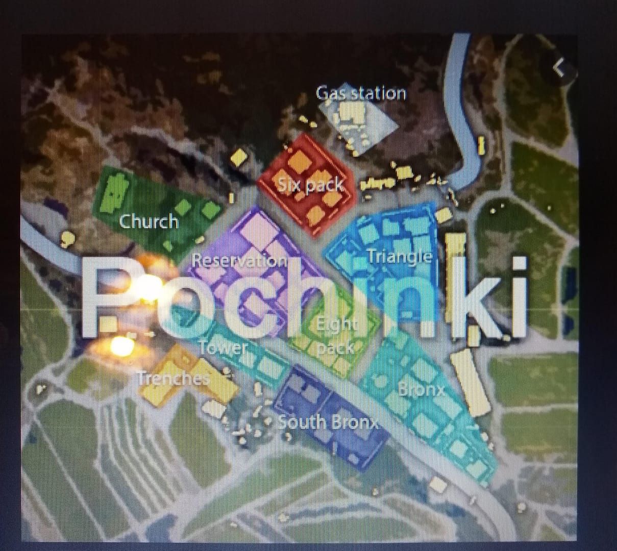 PUBG Mobile Pochinki map showing grenade lineup positioning for apartment rooftop clear
