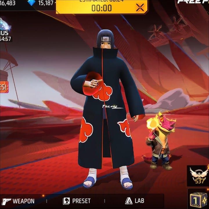 Free Fire Itachi Uchiha character design showing Sharingan abilities and unique visual effects