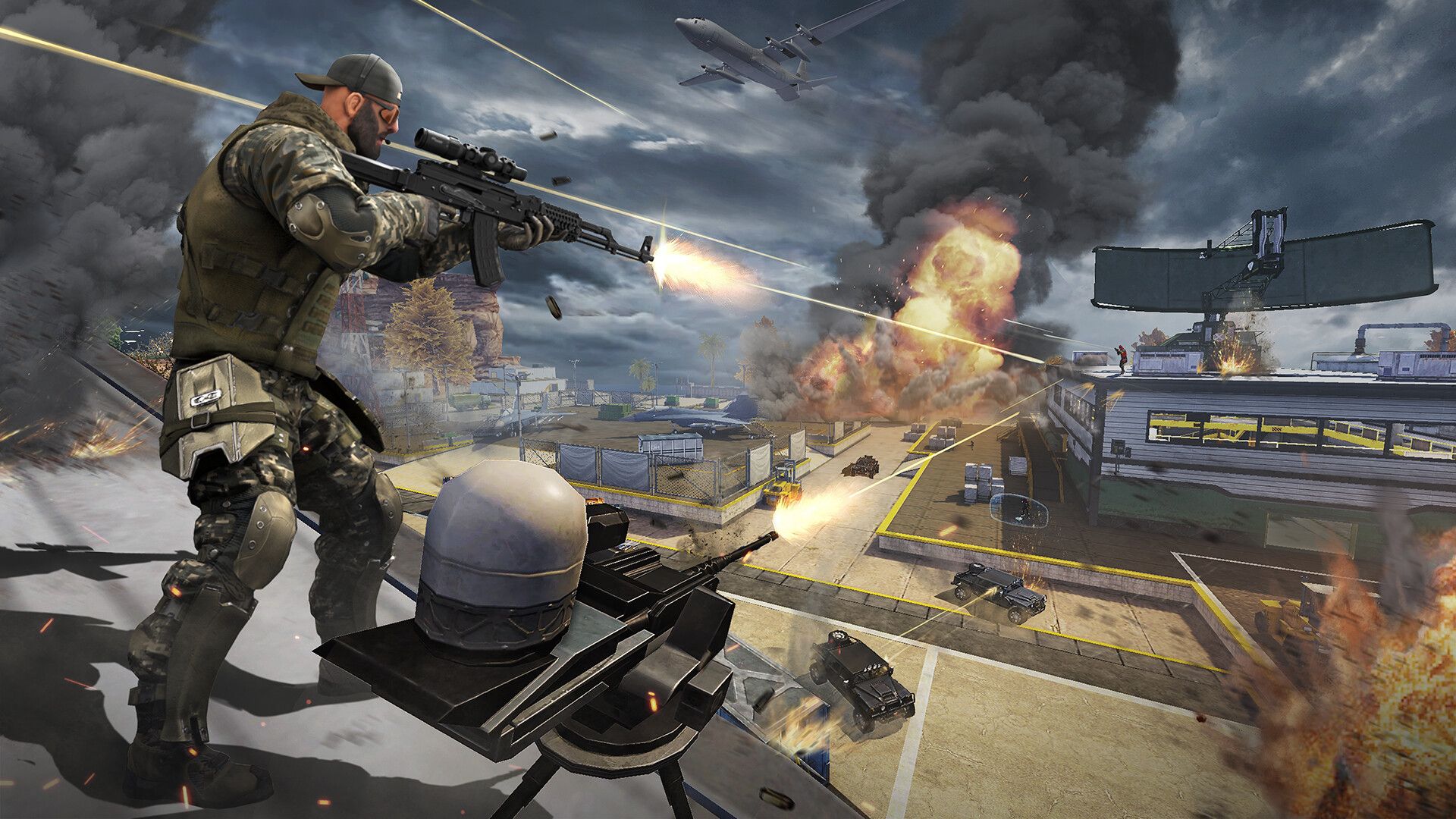 Blood Strike airfield fight with turret fire, tracers, and a transport plane