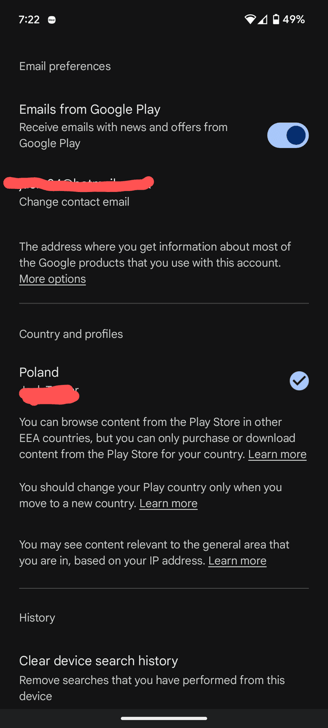 Настройки платежного профиля Google с выбором страны и адреса