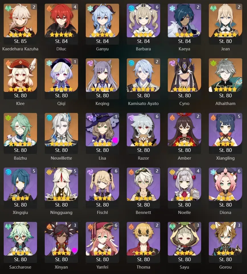 Genshin Impact character selection screen showing Adventure Rank and character progression