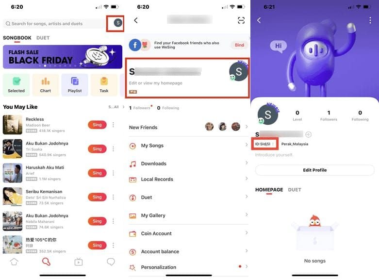 Скриншот, показывающий ID пользователя WeSing Kcoin в меню профиля