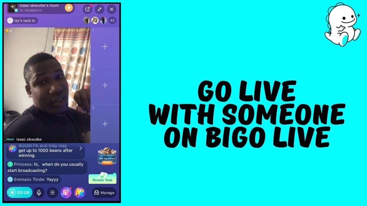 BIGO Live multi-guest room interface displaying guest video feeds with yellow coin gift icons