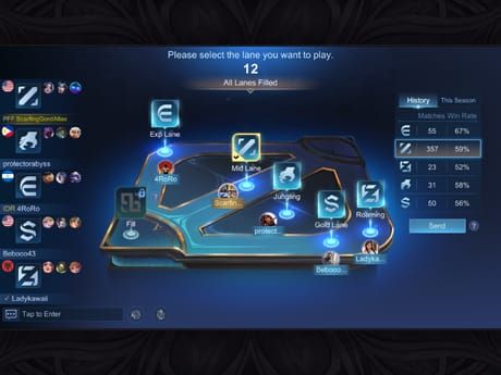Интерфейс экрана драфта Mobile Legends Bang Bang с выбором бана Глу