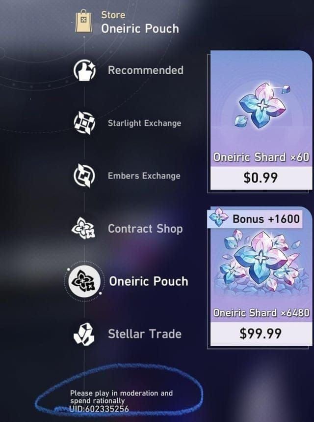 Honkai Star Rail pricing tiers chart showing all purchase options and value comparison