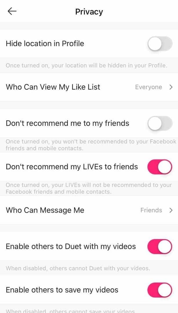 Likee settings screenshot for resetting recommendation algorithm