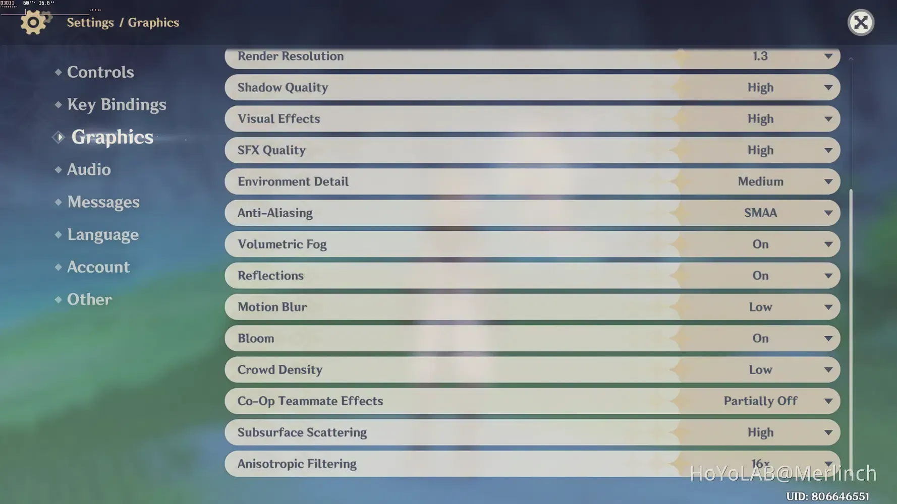 Genshin Impact PC graphics settings interface showing optimized performance configuration