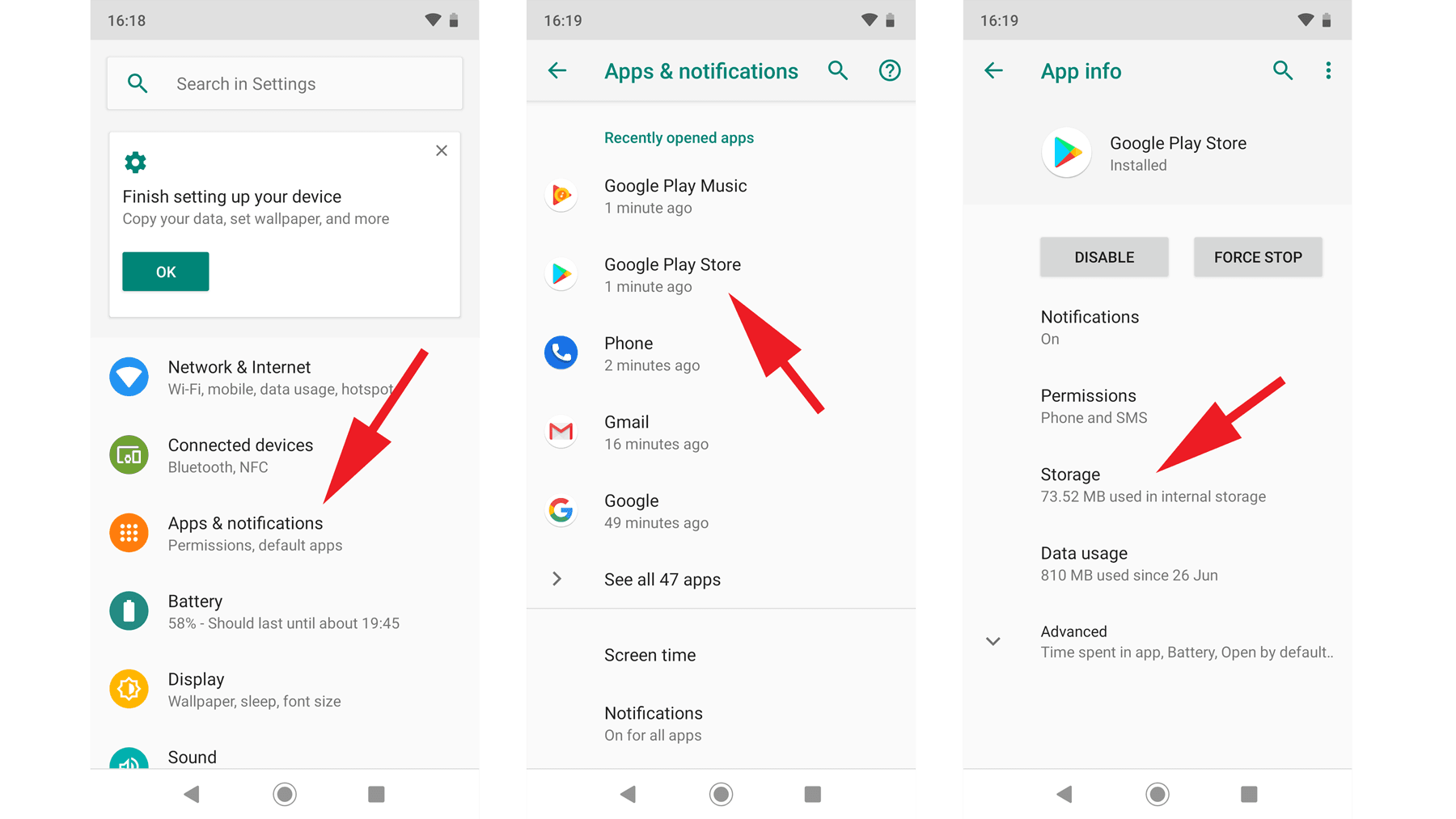 Android app settings screen showing clear cache and storage permission options