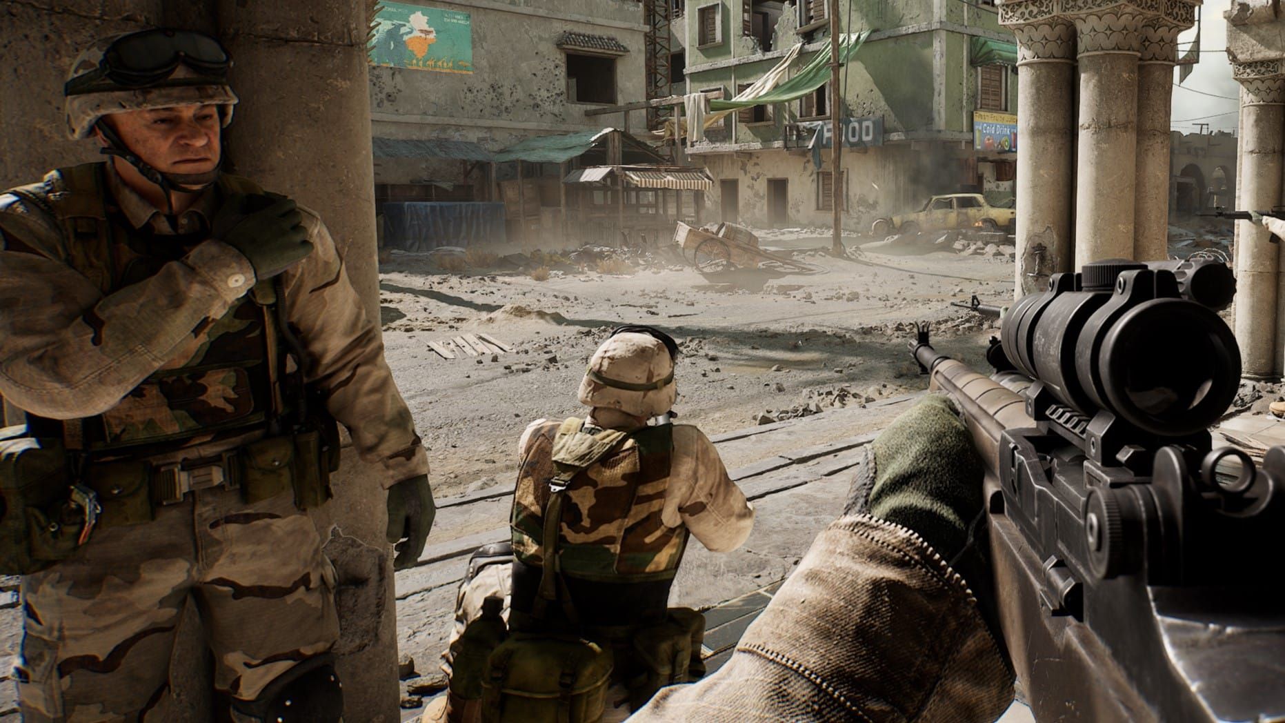 Black Hawk Down campaign gameplay screenshot showing urban combat in Delta Force