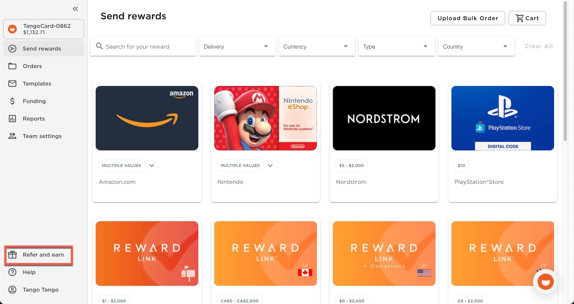 Скриншот опции Share Referral Link в профиле Tango