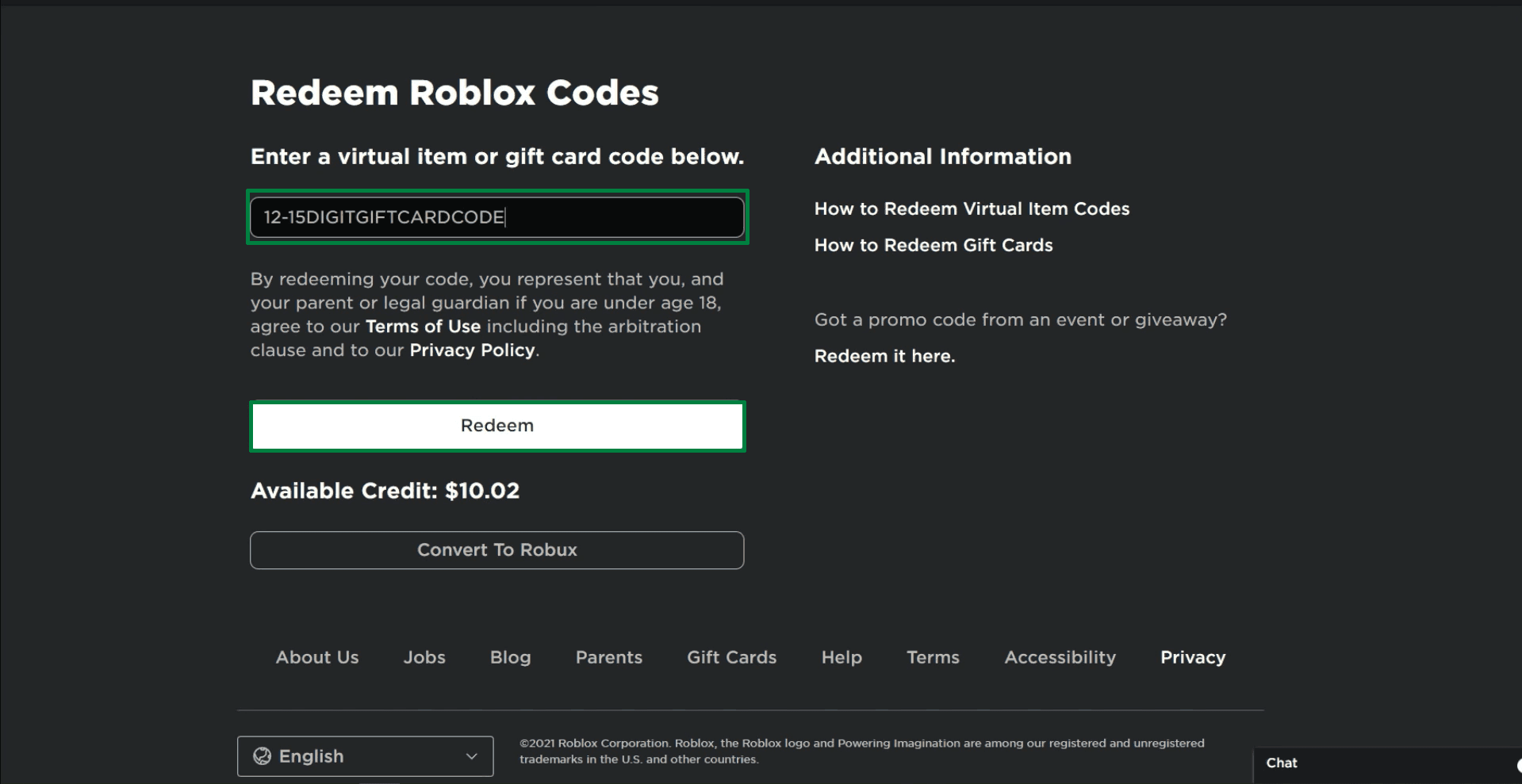 Интерфейс погашения подарочной карты Roblox на ПК