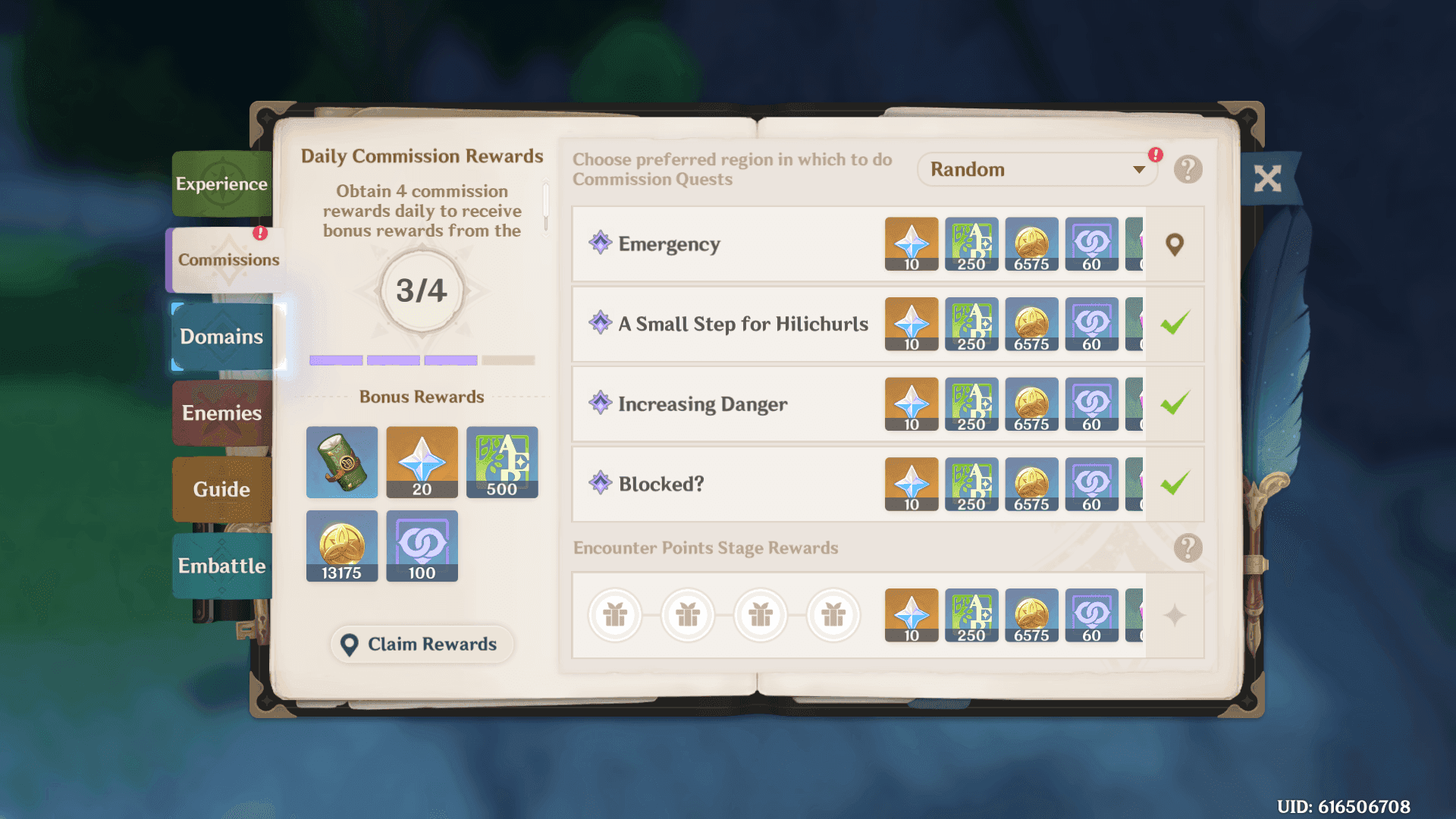 Genshin Impact Daily Commissions menu showing available quests and rewards